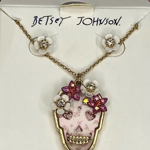 Betsey Johnson Sugar Skull pendant necklace & floral stud earring set gold tone